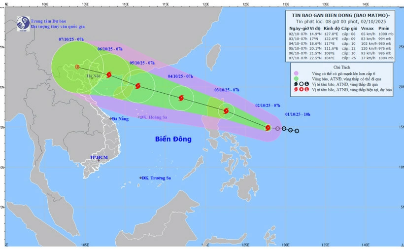 Bản đồ dự báo quỹ đạo và cường độ bão phát lúc 8 giờ ngày 2-10