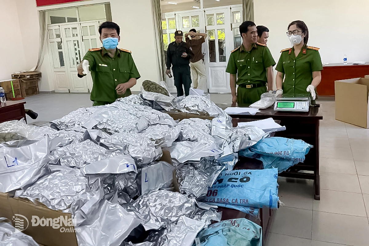 Lực lượng cảnh sát điều tra tội phạm về ma túy Công an tỉnh Đồng Nai kiểm tra tang vật của đối tượng buôn bán, vận chuyển ma túy.