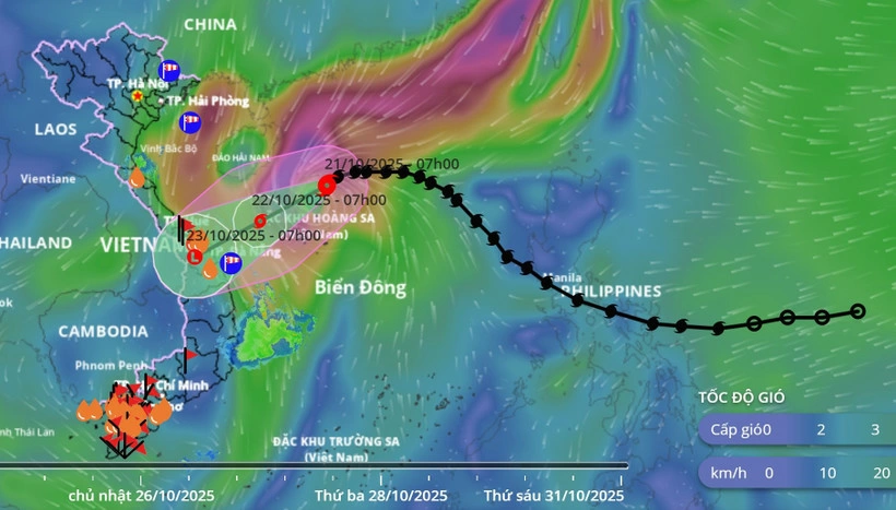 Cập nhật vị trí của bão số 12 lúc 9 giờ sáng 21/10. (Nguồn: Hệ thống Giám sát thiên tai Việt Nam)