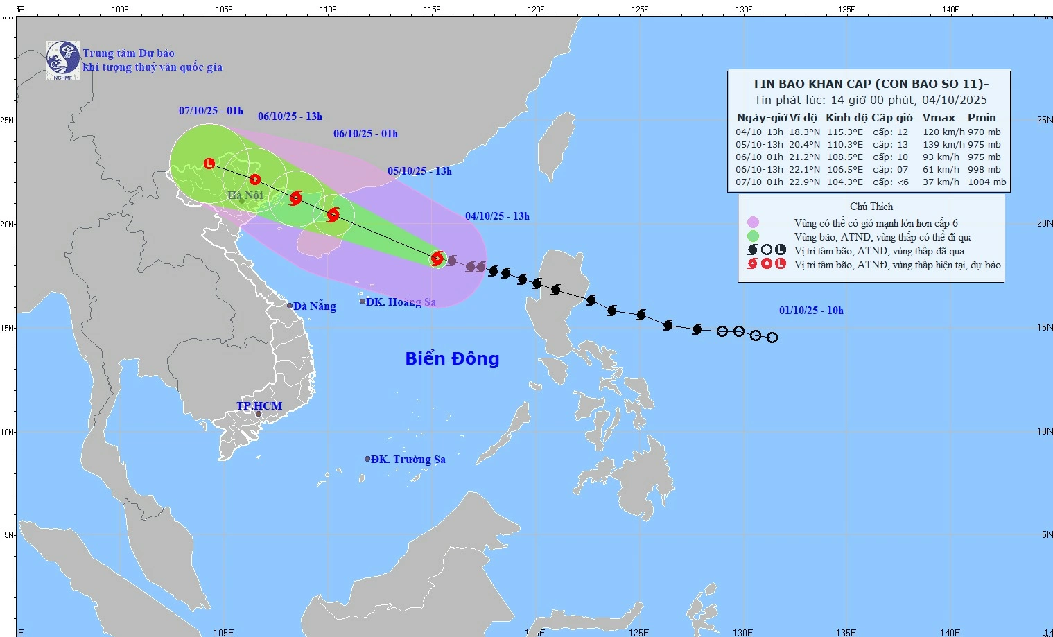 Hướng di chuyển của bão số 11 (bão Matmo). (Nguồn: Trung tâm Dự báo Khí tượng Thủy văn Quốc gia)
