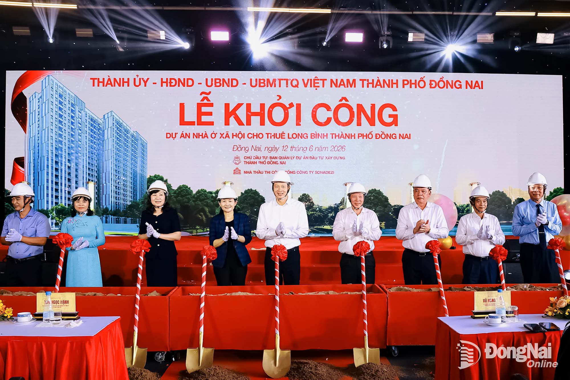 Dong Nai leaders and representatives of the project developer at the groundbreaking ceremony for a social rental housing project in June 2026. Photo: TL

