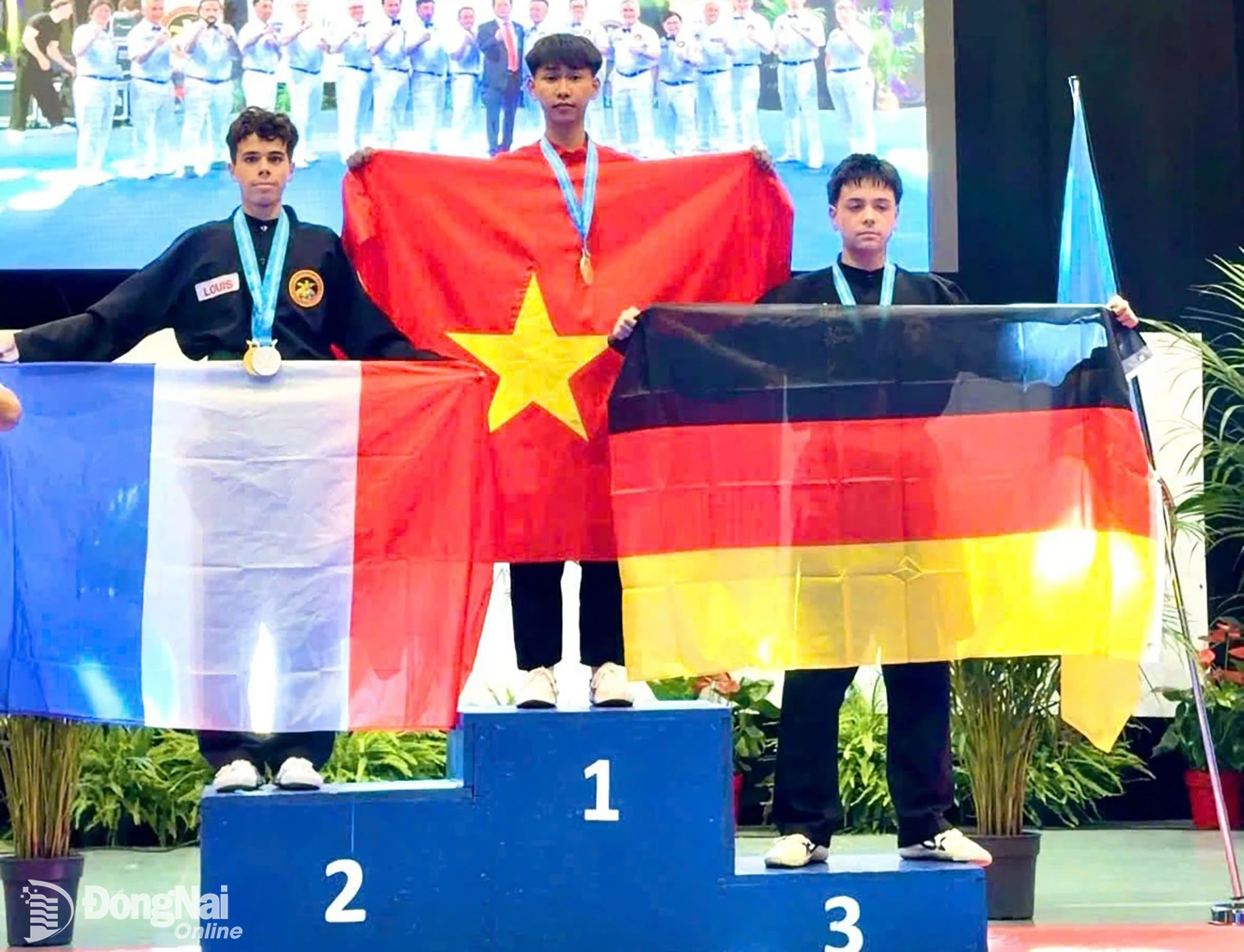 Athlete Dinh Tran Cao wins the gold medal in the mens 15-17 age group optional weapon form event.

