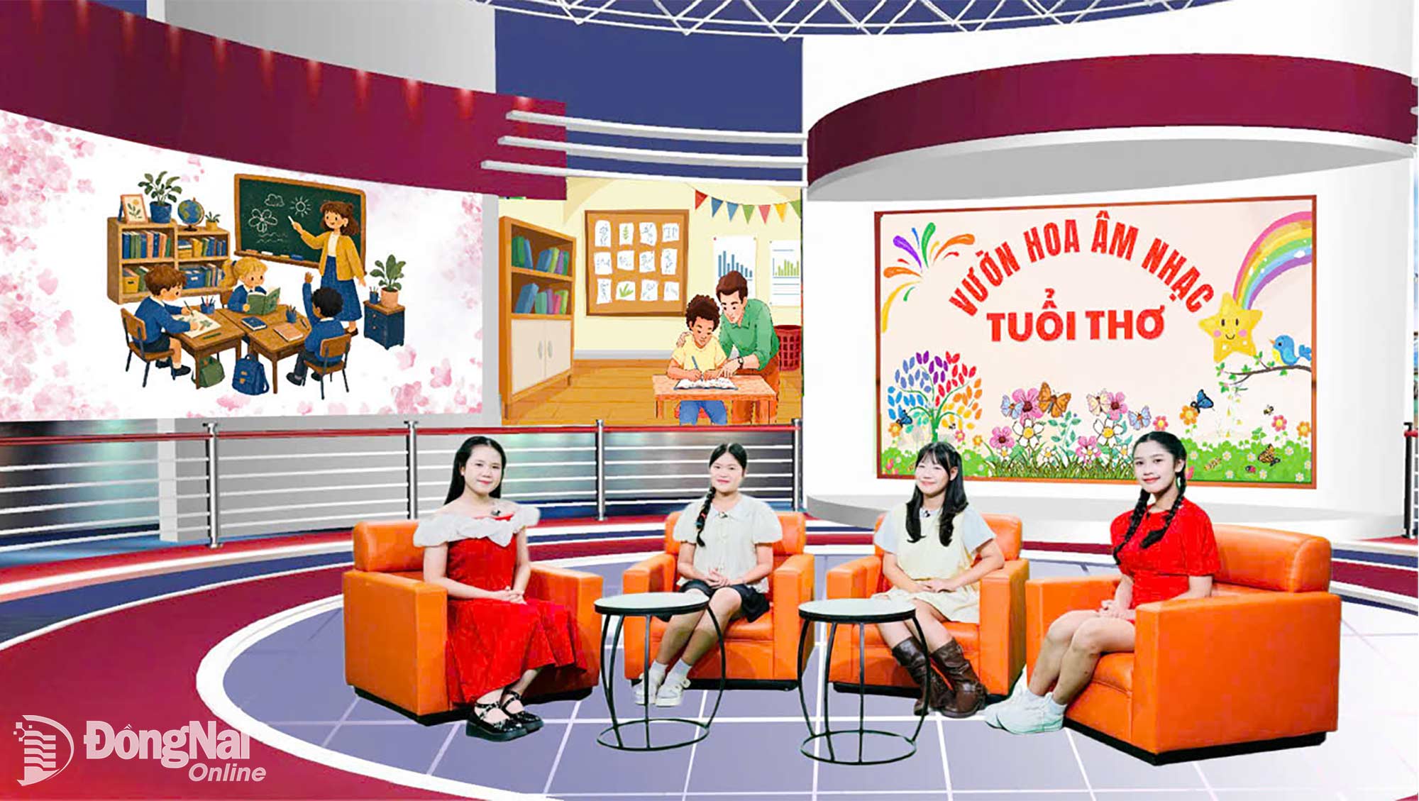 MC Quỳnh Anh cùng ca sĩ nhí Khả Doanh, San San, Bảo Châu giao lưu, chia sẻ những câu chuyện về tình thầy trò và ước mơ tuổi học trò trong chương trình Vườn hoa âm nhạc tuổi thơ chủ đề “Thầy cô chắp cánh ước mơ”. Ảnh: Minh Huệ