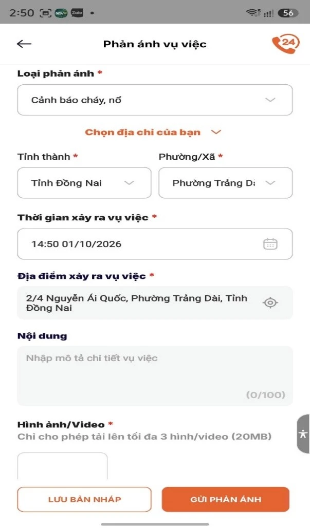 Hình ảnh giao diện của ứng dụng Báo cháy 114

