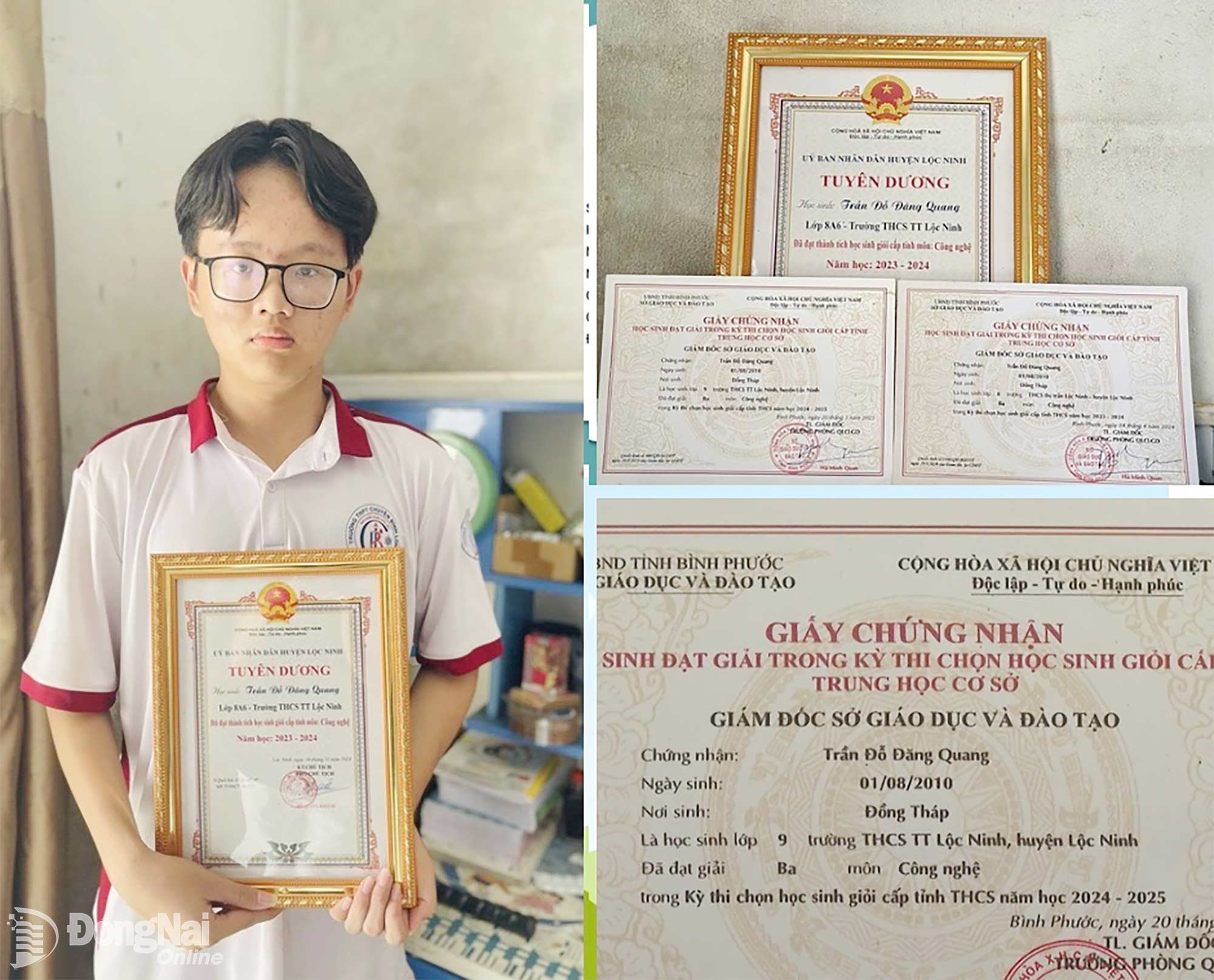 Dù sống trong căn trọ nhỏ chật hẹp, cuộc sống muôn vàn khó khăn và thiếu thốn, Đăng Quang vẫn giữ vững thành tích học sinh giỏi. Ảnh: Thu Hiền