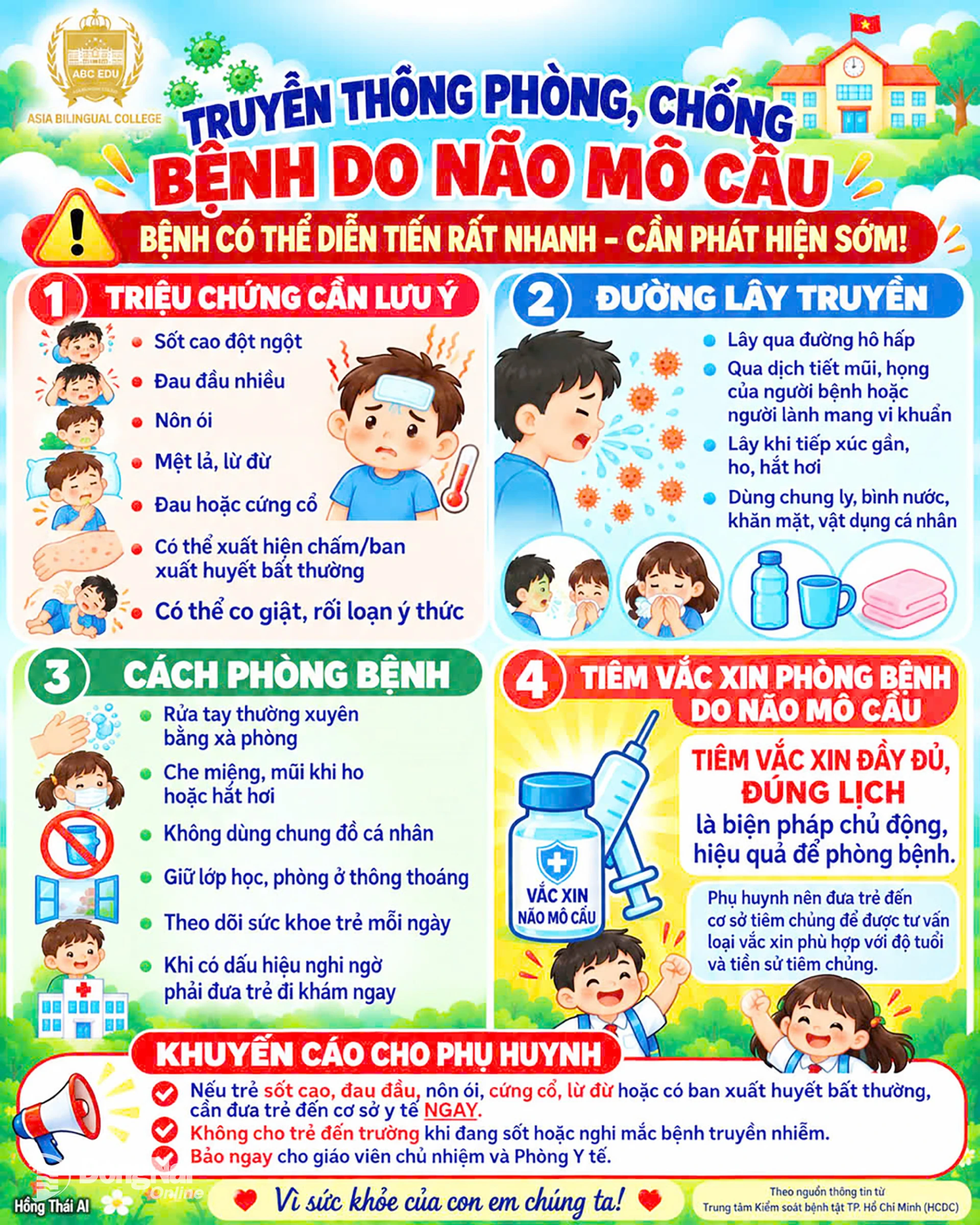 Thông tin tuyên truyền phòng bệnh do não mô cầu của Trường TH-THCS-THPT Song ngữ Á Châu (phường Trấn Biên). Ảnh: ABC