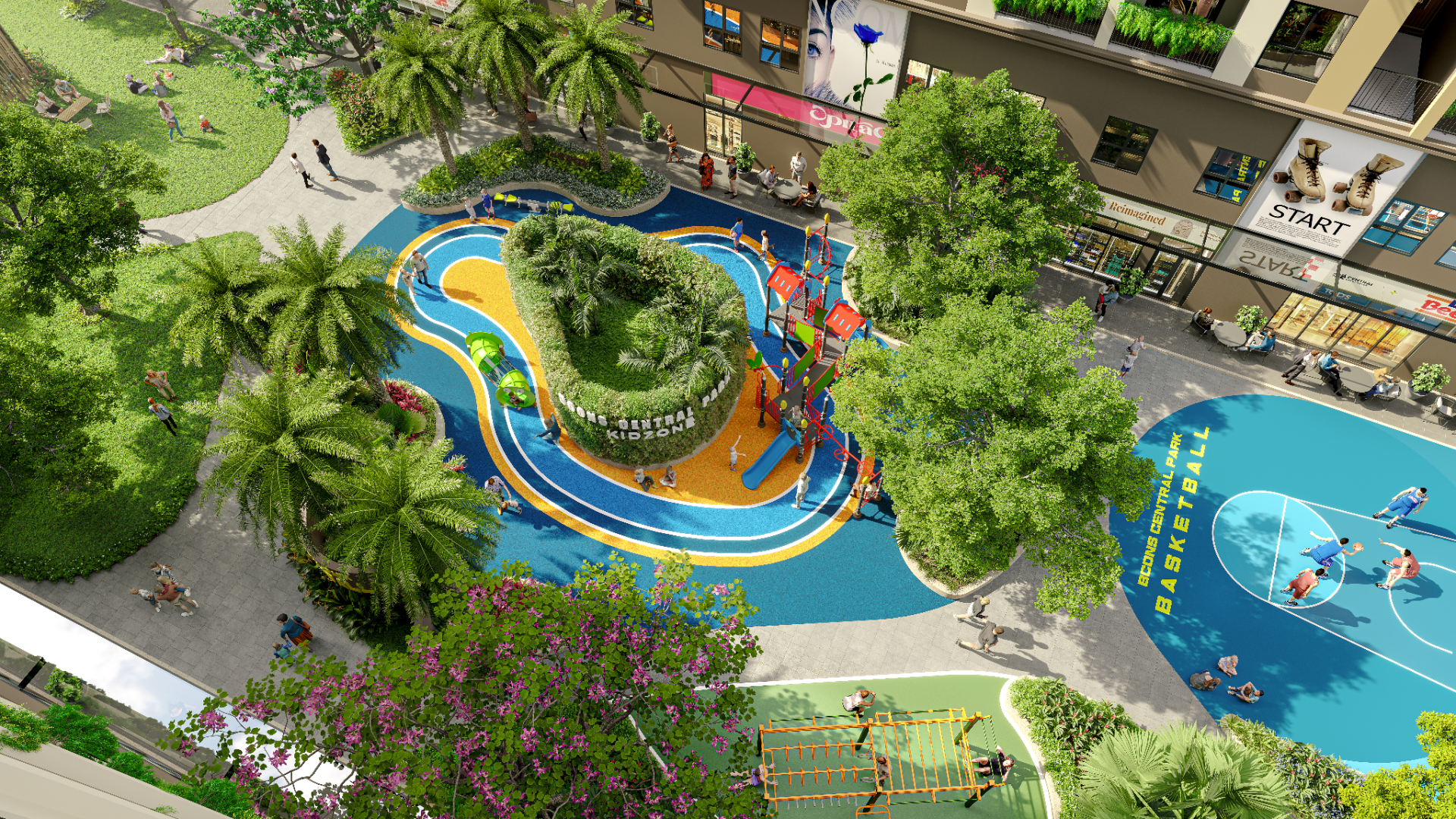 BCons Central Park mang đến hệ tiện ích như khu vui chơi trẻ em, khu thể thao, trung tâm mua sắm ngay dưới thềm nhà.