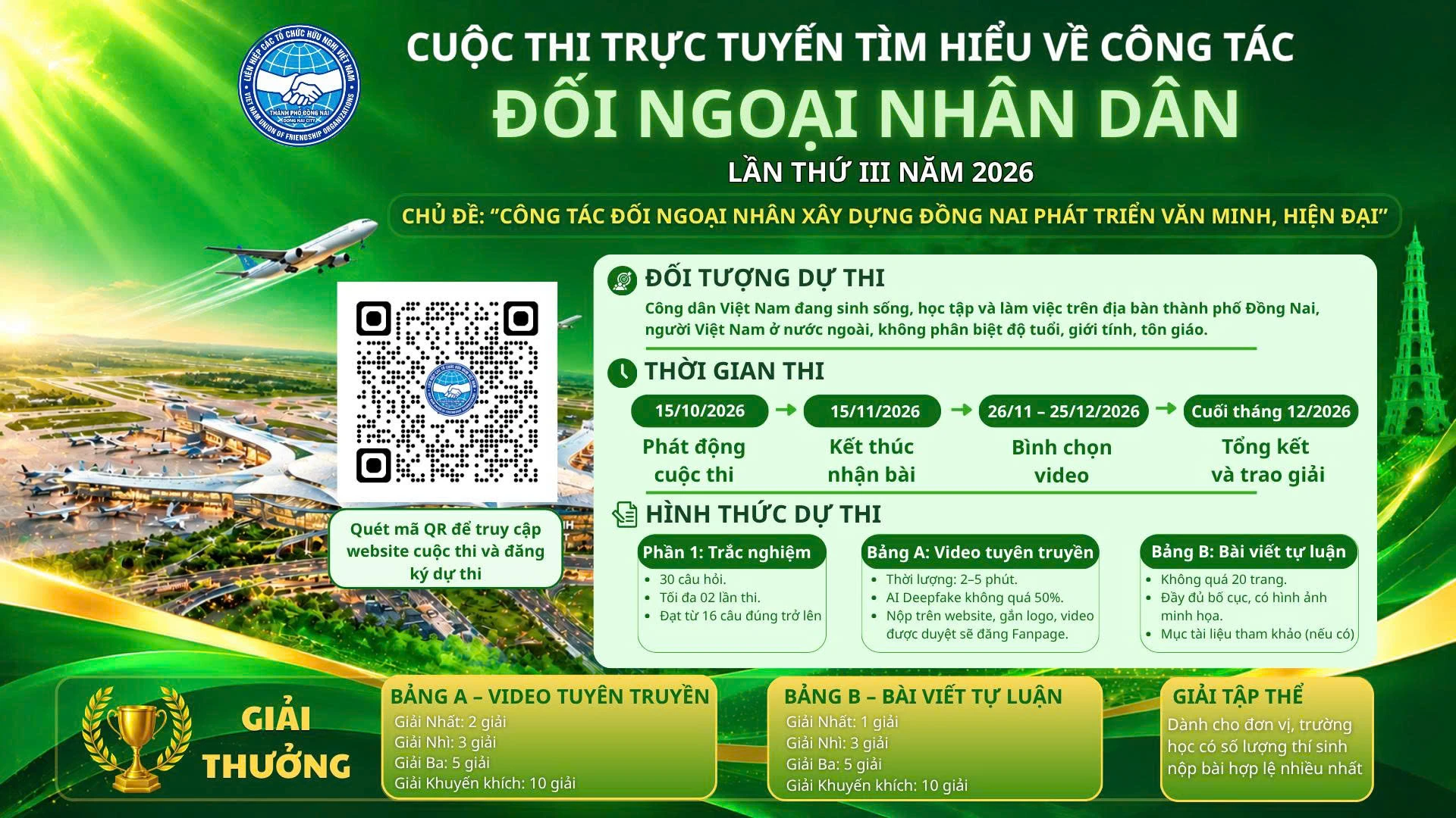 Thể lệ Cuộc thi trực tuyến “Tìm hiểu về công tác đối ngoại nhân dân lần thứ III năm 2026” với chủ đề: “Công tác đối ngoại nhân dân xây dựng Đồng Nai phát triển văn minh, hiện đại”. 