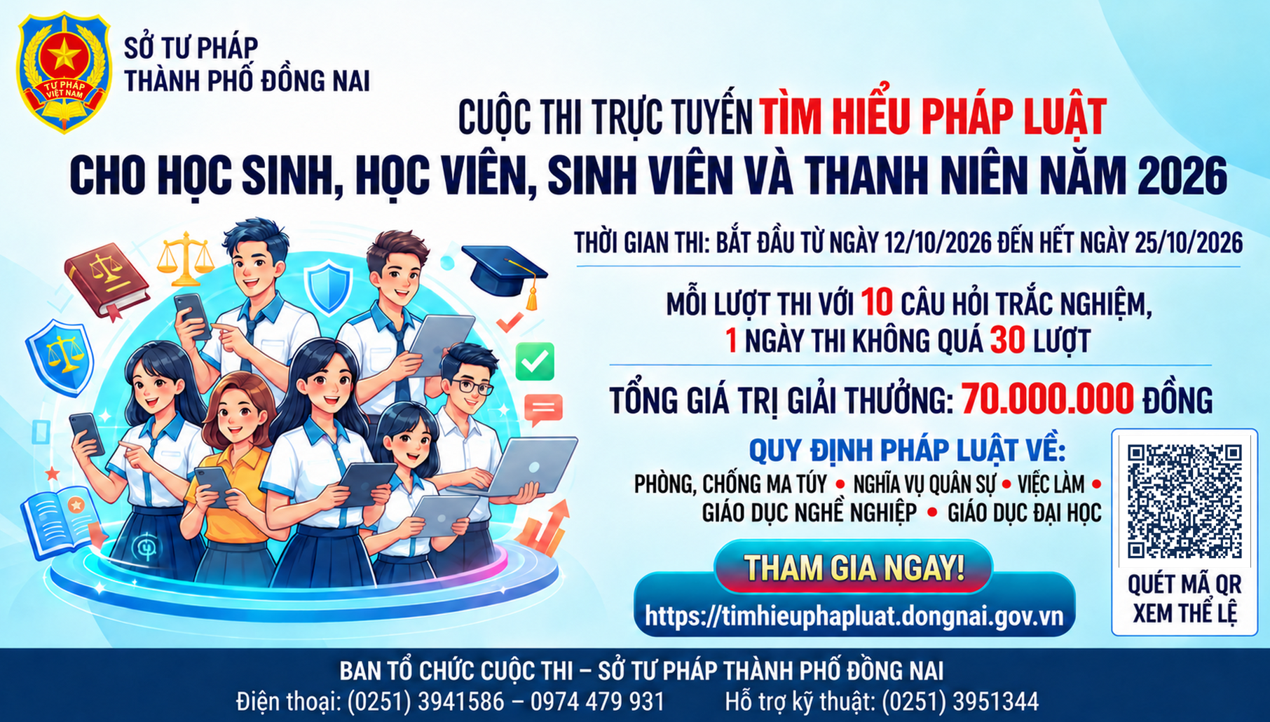 Cuộc thi trực tuyến Tìm hiểu pháp luật cho học sinh, học viên, sinh viên và thanh niên diễn ra từ ngày 12 đến 25-10-2026