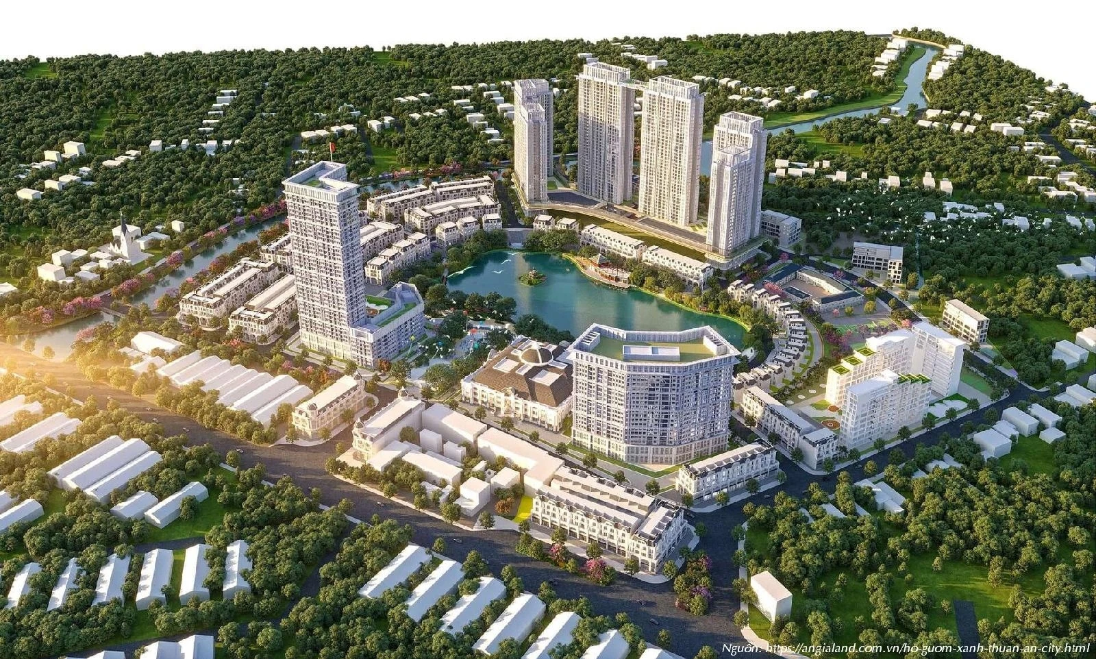 Phối cảnh tổng thể khu đô thị Hồ Gươm Xanh với hồ trung tâm (hình minh họa).