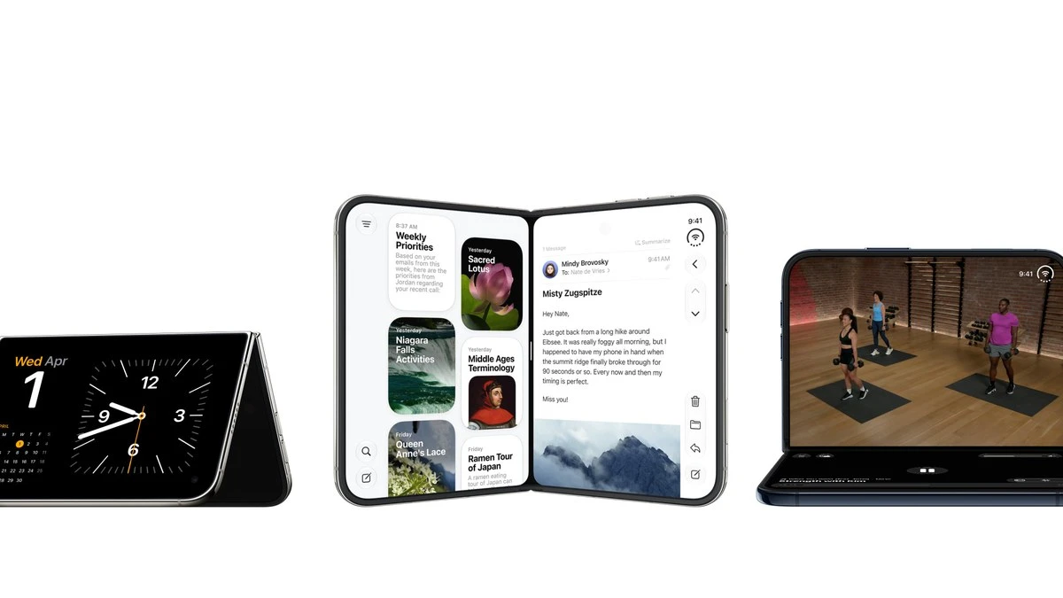 iPhone Duo có thể dựng, mở như sách hoặc gập ngang tùy nhu cầu sử dụng. Ảnh: Apple