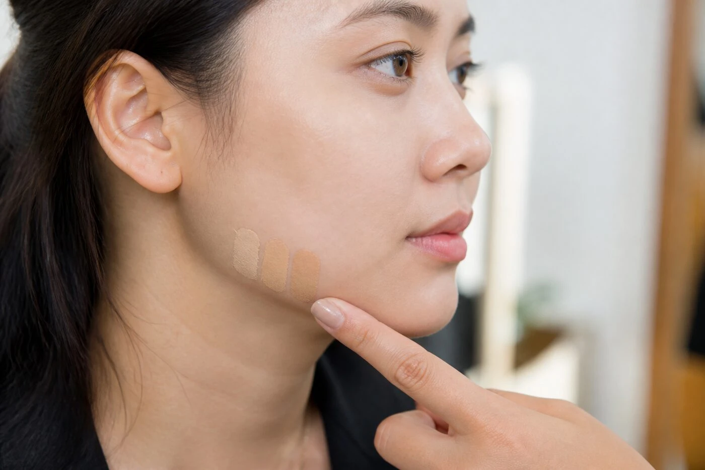 Thử màu kem nền trên đường viền hàm để chọn đúng tông.