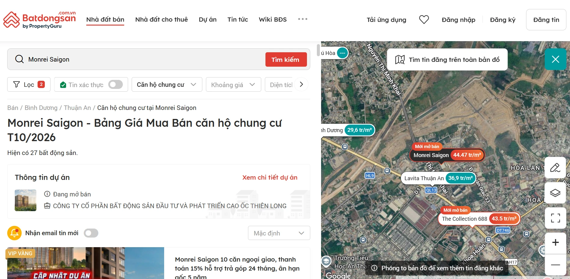 Tính năng xem bản đồ trên Batdongsan.com.vn  để khảo sát các dự án và giá bán trong khu vực.