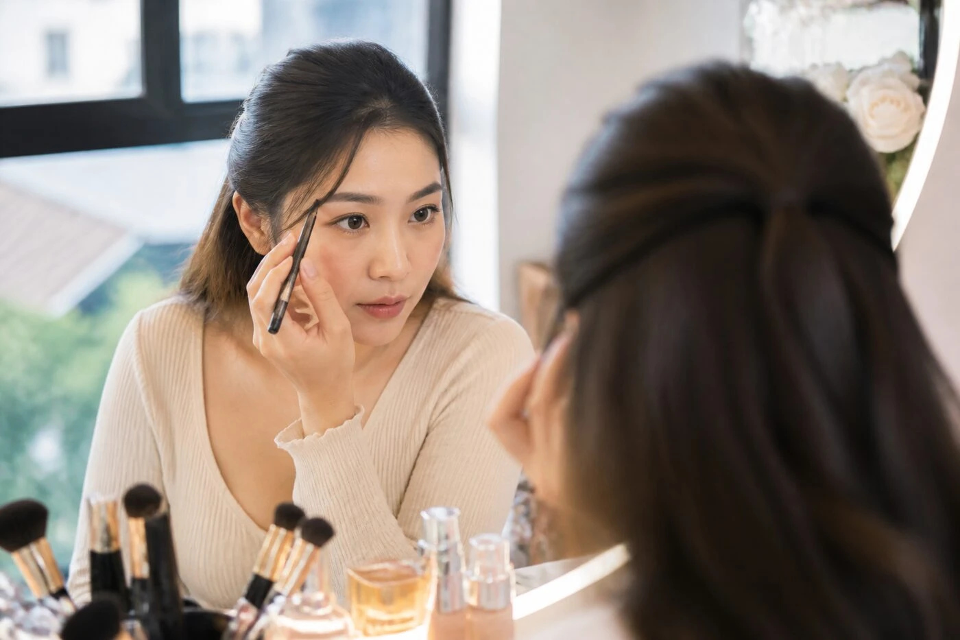 Học viên tự kẻ lông mày trên chính gương mặt mình.