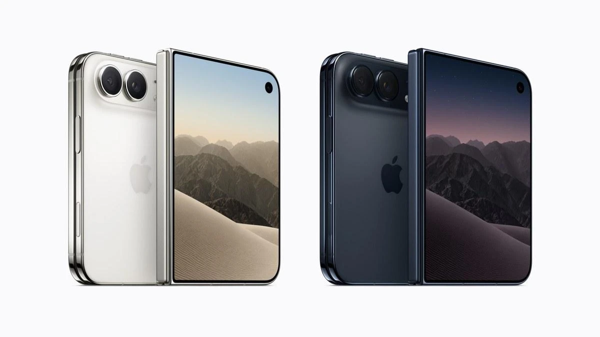 Hai chiếc máy gập màu trắng và màu xanh đậm, nhìn từ mặt lưng và mặt màn hình. Ảnh: Apple