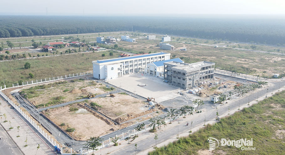 Các nhà thầu đang tập trung thi công đẩy nhanh tiến độ hoàn thành các công trình hạ tầng xã hội tại khu tái định cư Lộc An - Bình Sơn Ảnh: PHẠM TÙNG
