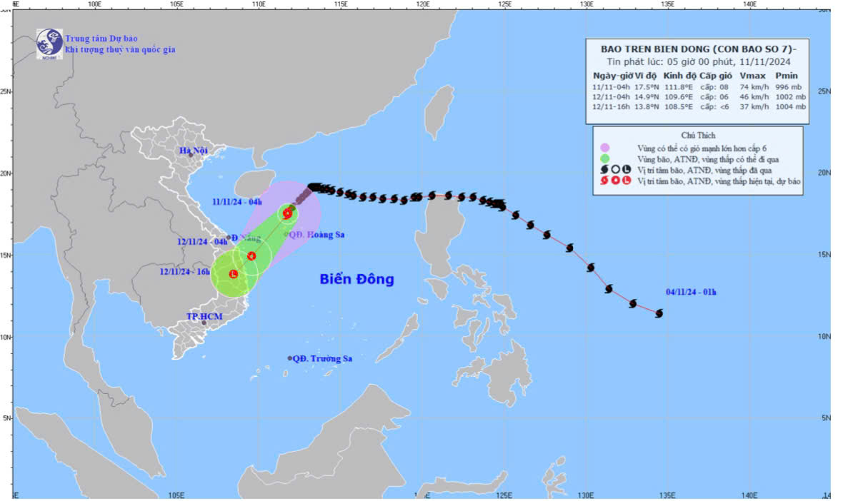 Bản đồ dự báo quỹ đạo và cường độ bão số 7 phát lúc 5 giờ ngày 11-11.