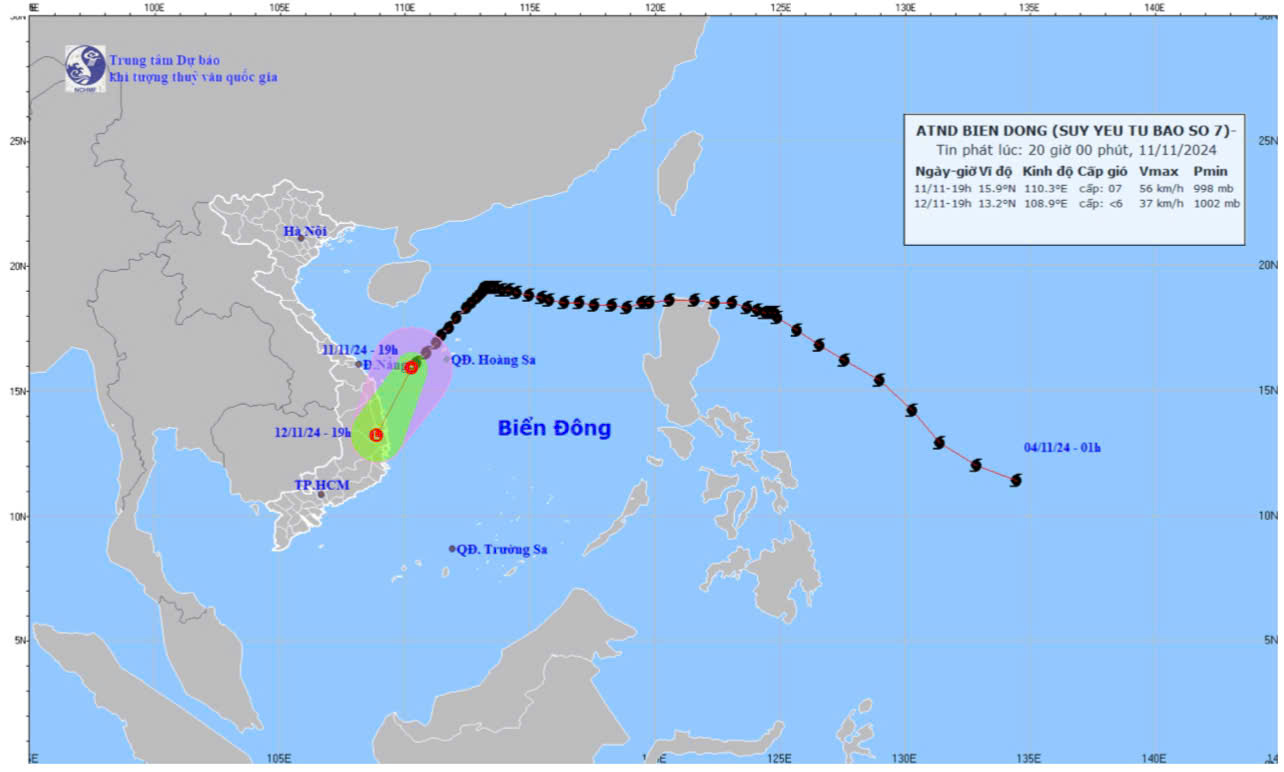 Bản đồ dự báo quỹ đạo và cường độ áp thấp nhiệt đới (suy yếu từ bão số 7) phát lúc 20 giờ ngày 11-11