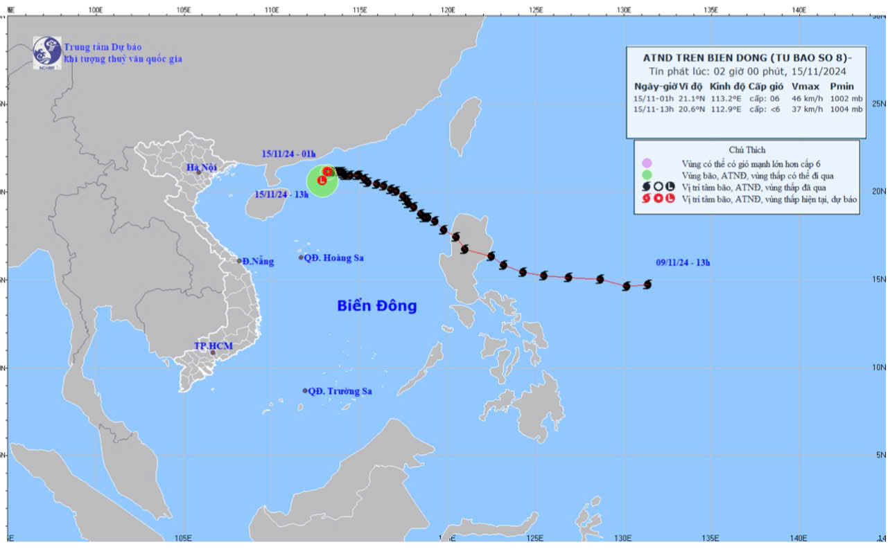 Bản đồ dự báo quỹ đạo và cường độ của áp thấp nhiệt đới phát lúc 6 giờ ngày 15-11. 
