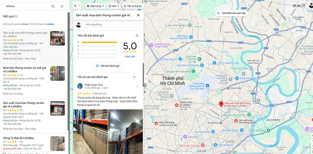 LefoBox được đánh giá rất cao 5 sao từ khách hàng mua thùng carton trên Google Maps.