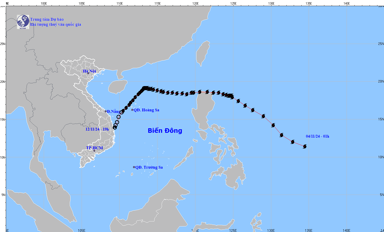 Bản đồ dự báo quỹ đạo, đường đi của áp thấp nhiệt đới phát lúc 20 giờ ngày 12-11.