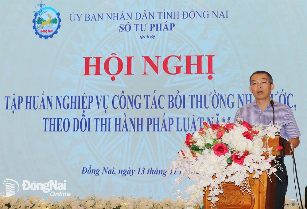 Phó giám đốc Sở Tư pháp Phan Quang Tuấn phát biểu tại hội nghị tập huấn. Ảnh: An Nhơn