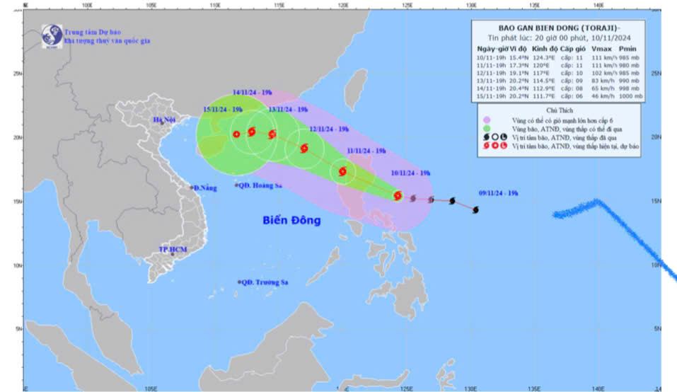 Bản đồ dự báo quỹ đạo và cường độ của bão Toraji phát lúc 20 giờ ngày 10-11