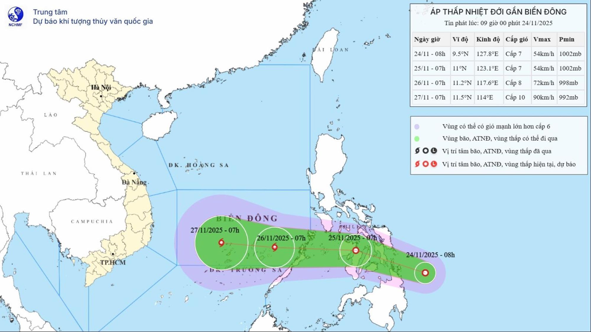 Vị trí và đường đi của áp thấp nhiệt đới. Ảnh: KTTV

