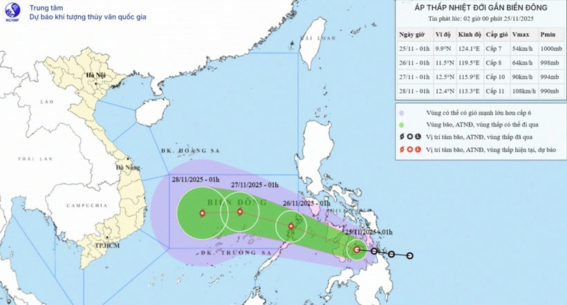 Vị trí và hướng đi của áp thấp nhiệt đới. (Nguồn: Trung tâm Dự báo Khí tượng Thủy văn Quốc gia)