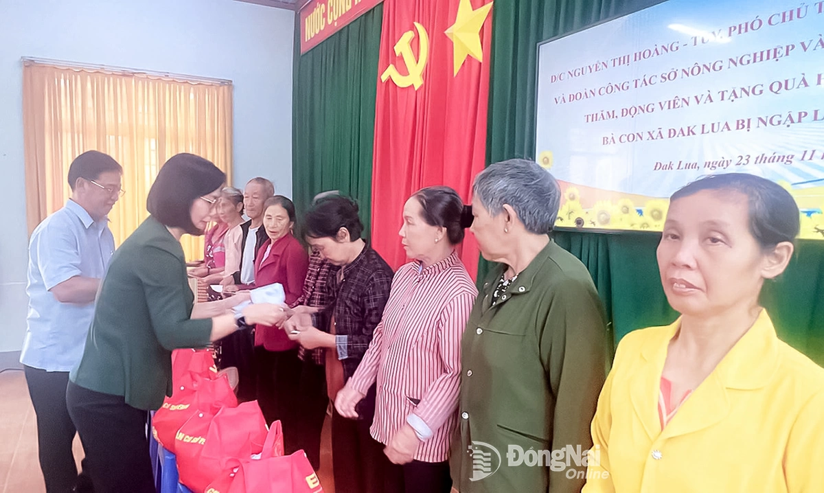 Tỉnh ủy viên, Phó Chủ tịch UBND tỉnh Đồng Nai Nguyễn Thị Hoàng động viên và trao quà hỗ trợ cho các hộ gia đình bị thiệt hại. Ảnh: Bùi Thị Hồng