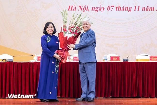 Hội nghị Đoàn Chủ tịch Ủy ban Trung ương Mặt trận Tổ Quốc Việt Nam lần thứ năm, khóa X hiệp thương cử bà Bùi Thị Minh Hoài giữ chức vụ Chủ tịch Ủy ban Trung ương MTTQ Việt Nam khóa X, nhiệm kỳ 2024 - 2029. Ảnh: PV/Vietnam+
