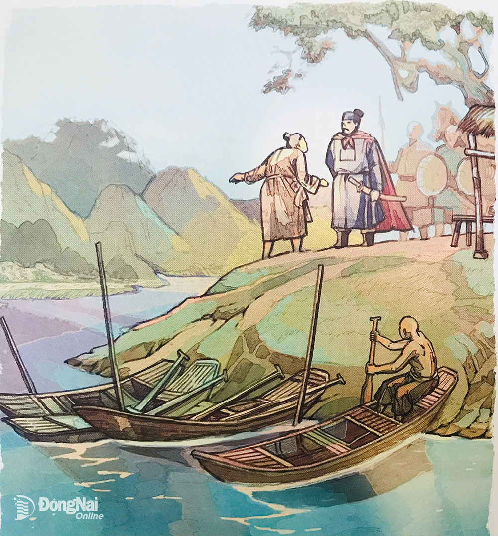 Hưng Đạo Đại Vương Trần Quốc Tuấn tìm hiểu về thủy triều và nghiên cứu các luống cọc để đánh quân Mông - Nguyên. Ảnh chụp từ sách Trần Hưng Đạo, Lịch sử Việt Nam bằng tranh, NXB Trẻ