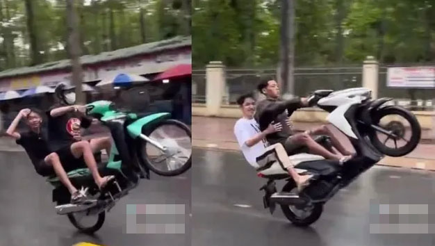 Các đối tượng chạy xe bốc đầu, quay clip đăng lên mạng xã hội bị Công an H.Long Thành khởi tố điều tra về hành vi gây rối trật tự công cộng. Ảnh cắt từ clip