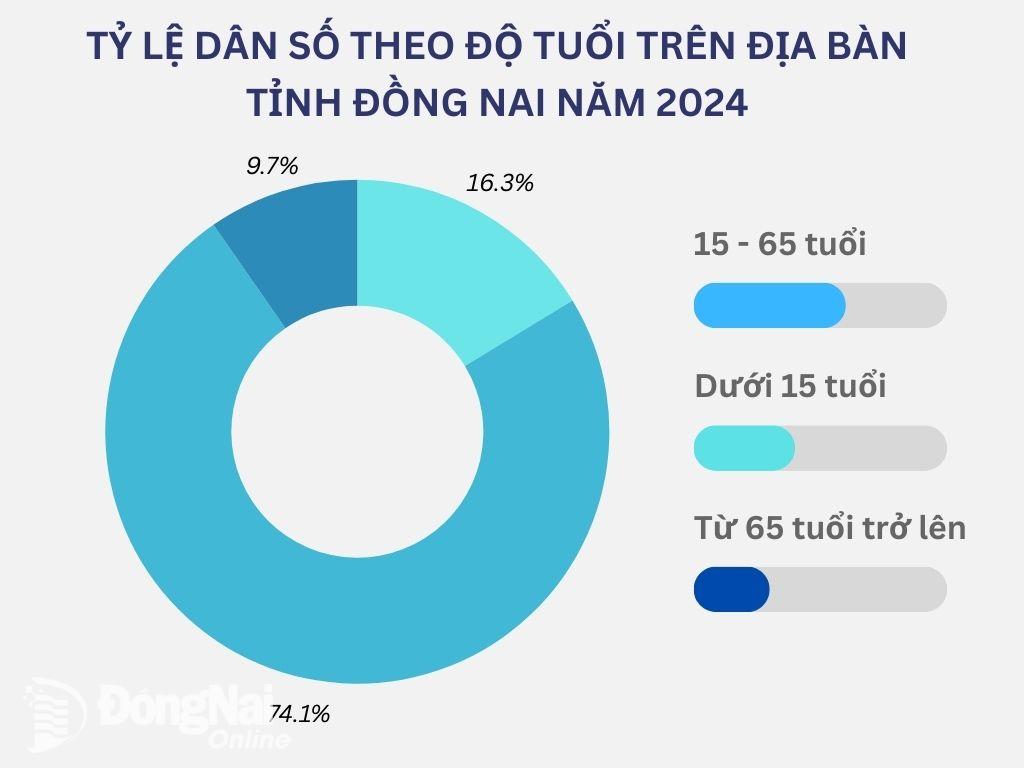 Biểu đồ thể hiện tỷ lệ dân số theo độ tuổi trên địa bàn tỉnh Đồng Nai năm 2024. Đồ họa: Lê Duy