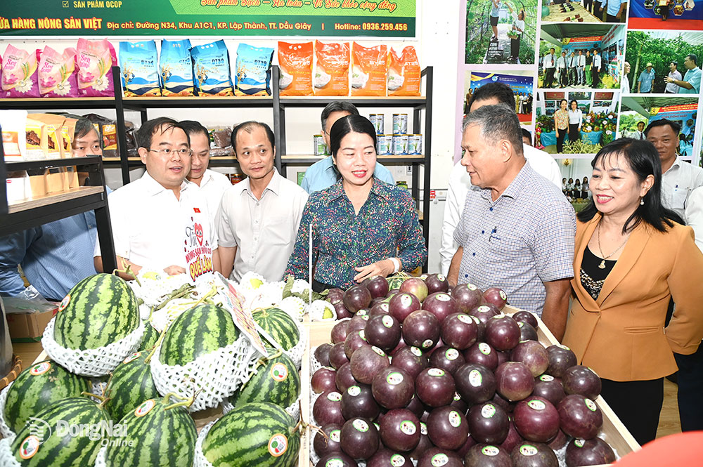 Phó bí thư Tỉnh ủy, Trưởng đoàn Đại biểu Quốc hội tỉnh Quản Minh Cường (bìa trái) tham quan Cửa hàng Nông sản Việt tại huyện Thống Nhất nhân dịp khai trương. Ảnh: B.Nguyên