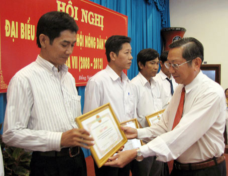 Phó chủ tịch Hội Nông dân Việt Nam Lê Hoàng Minh tặng giấy khen cho các tập thể xuất sắc. Ảnh: H.Giang