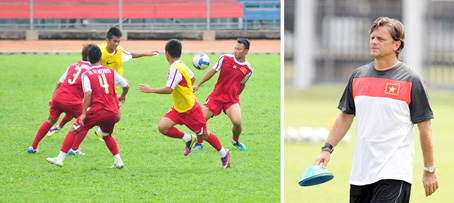 Thầy trò HLV Falko Goetz tập tại sân Sumantri ngày 15-11 để chuẩn bị cho loạt trận cuối bảng B gặp U23 Lào.    Ảnh: T.L