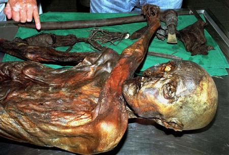 An undated handout file photo shows ''Otzi'', Italy's prehistoric iceman. Scientists examining the remains of ''Otzi,'' Italy's prehistoric iceman who roamed the Alps some 5,300 years ago, said on May 2, 2012 they have isolated what are believed to be the oldest traces of human blood ever found.