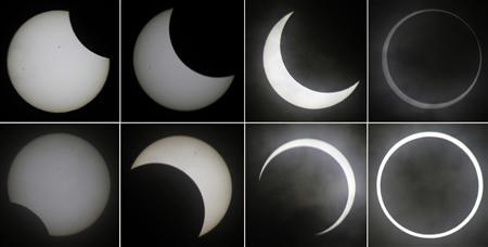 An eclipse (clockwise from top L) is seen in Tokyo May 21, 2012 in this combination picture. The sun and moon aligned over the earth in a rare astronomical event - an annular eclipse that dimmed the More... Credit: REUTERS/Kim Kyu