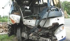 The bus was heavily damaged in the accident that killed 2 and injured 17 others in Dong Na