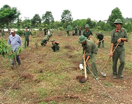 Bộ đội tham gia trồng cây trong khu vực nghĩa trang liệt sĩ tỉnh. Ảnh: K. Thiết