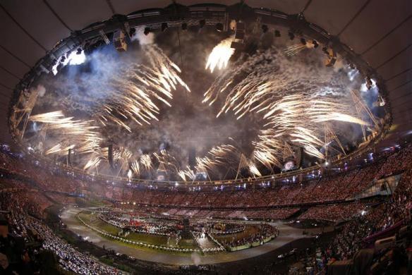 Fireworks are seen after the march of the athletes during the opening ceremony of the London 2012 Olympic Games.