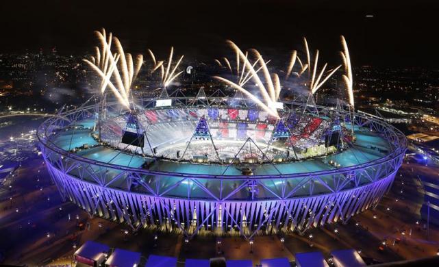 Fireworks explode over the Olympic Stadium during the opening ceremony of the London 2012 Olympic Games.