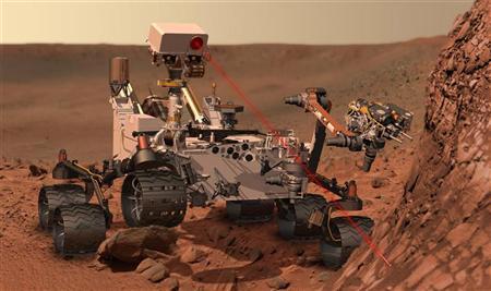 This artist's concept depicts the rover Curiosity, of NASA's Mars Science Laboratory mission, as it uses its Chemistry and Camera (ChemCam) instrument to investigate the composition of a rock surface.