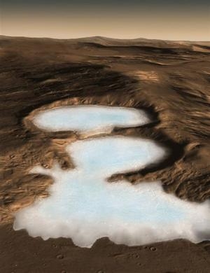 An artist's conception shows Martian glaciers of water ice under protective blankets of rocky debris at much lower latitudes than any ice previously identified on the Red Planet. Image released November 2008. 