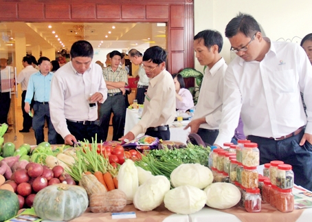 Các hợp tác xã, doanh nghiệp nông sản của Lâm Đồng giới thiệu rau, quả tại buổi giao thương với Đồng Nai. Ảnh: B. Nguyên