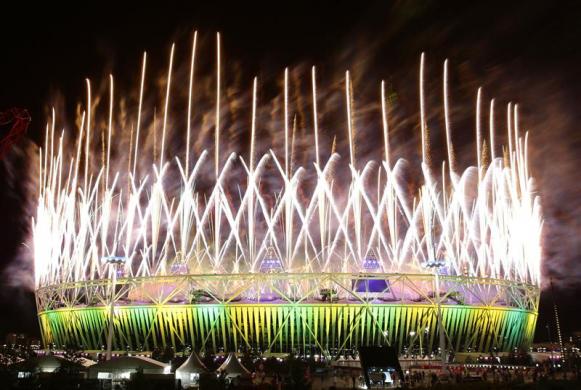 Fireworks explode over the Olympic Stadium during the closing ceremony of the London 2012 Olympic Games August 12, 2012.