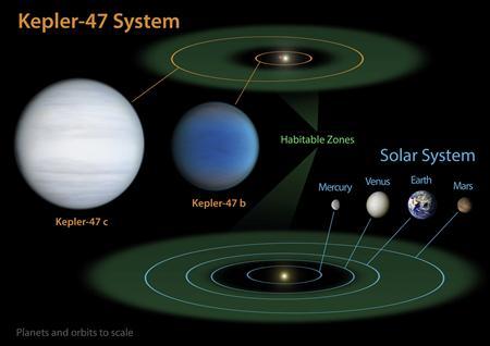 The Kepler-47 system diagram is shown in this handout released by NASA August 29, 2012. In a dazzling and previously undetected display of orbital dynamics, two planets beyond the solar system have been found circling a pair of stars, scientists using NASA's Kepler space telescope said August 29, 2012. 