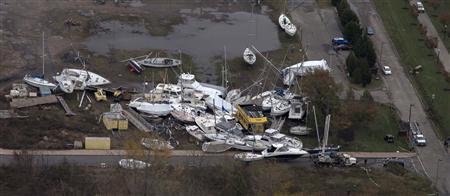 A view of boats from a marina which are washed ashore near Jersey City, New Jersey October 31, 2012. 