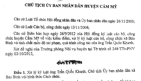 Quyết định cách chức Chủ tịch UBND xã Bảo Bình đối với ông Trần Quốc Khanh.